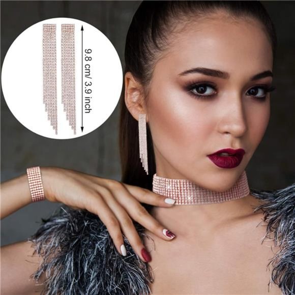 Hicarer 3 Pieces Women Rhinestone Jewelry Set Rhinestone Tassel Choker Necklace - Picture 5 of 7